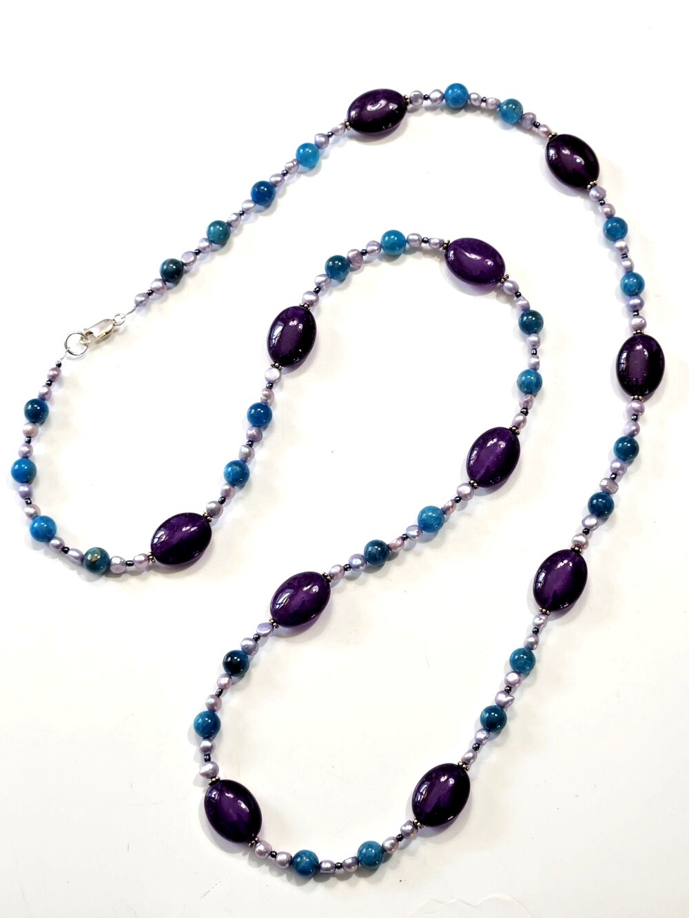 Natural Stone Handcrafted Necklace Apatite Jade Freshwater Pearls 925 Silver